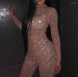 Women's Jumpsuits BKLD Long Sleeve Jumpsuit 2023 Bodycon Bodysuit Sequin Clubwear Sexy Autumn Champagne Gold Rompers Womens Pants
