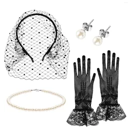 Bandanas Headband Black Veil Face Lace Gloves Women Headbands Fascinators Pearl Studs Women's Earrings Earth Tones