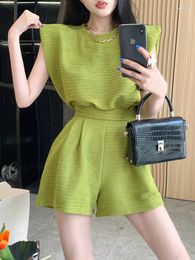 Women's Tracksuits Summer Two Piece Set Women Loose Sleeveless T Shirts Solid Tops High Waist Wide Leg Shorts Korean Fashion Female Suits