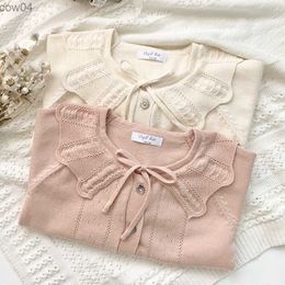 deer jonmi 2022 Spring New Baby Girls Knitted Sweaters Ruffles Collar Solid Color Cardigan Coats Korean Style Kids Sweater L230625