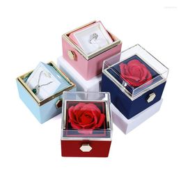 Gift Wrap 360 Degree Rotatable Preserved Real Rose Ring Box Necklace Jewellery Valentine Forever Roses Case For Proposal Wedding Gi