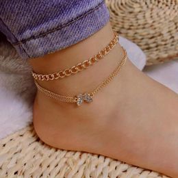 Anklets Butterfly Shape Chain Anklet Inlaid Shiny Rhinestones Double Layers Casual Ankle Bracelet