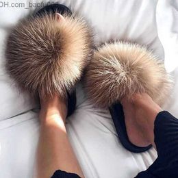 Slippers Wholesale 100% Real Plush Fur Slippers Slides Lady Summer Flip Flops Cute Holiday Fluffy Raccoon Sandals Shoes 210914 Z230717