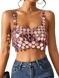 Women's Sleepwear Sparkling Sequin Halter Crop Top Stylish Sleeveless Camisole With A Black Summer Mini Sling Vest And Low-Cut Y2K-inspired