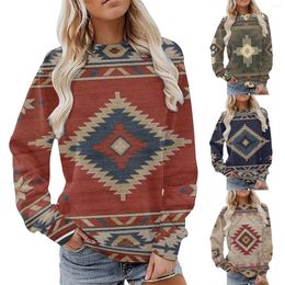 Gym Clothing Womens Casual Round Neck Sweatshirt Long Sleeve Top Ethnic Pattern Vintage Western Hoodies