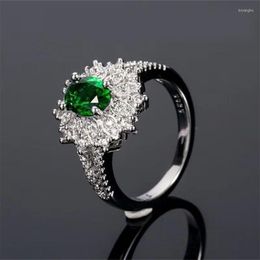 Wedding Rings Luxury Delicate Silver Colour Flower Geometry For Women Trendy Metal Inlaid Green Stone Engagement Jewellery