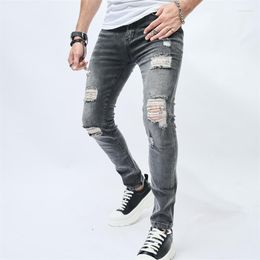 Men's Jeans 2023 Broken Holes Elastic Casual Slim Fit Pants With Small Feet Folded Thighs And