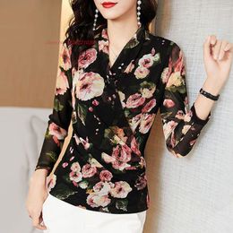 Ethnic Clothing 2023 Traditional Chinese Lace Mesh Shirt National Flower Print V-neck Women Tang Suit Elegant Retro Base