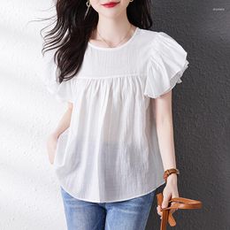 Women's Blouses 2023 Summer Ruffles Sleeve Korean Fashion Loose Tops Casual Short Chiffon Shirt For Women Solid White Clothing 27151