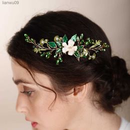 Green Hair Comb Bridal Wedding Accessories Headdresses For Girlfriend Flower Leaf Head Jewellery Rhinestone Tiara Bride Headpieces L230704