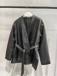 Women's Leather Jacket With Belt 2023 Korean Fashion Loose Style Luxury Genuine Sheepskin Trench Coat Streetwear