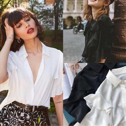 Women's Blouses Ruffle Sleeve Silk Short-sleeved Shirt Women 2023 Spring And Summer Multi-layer Ruffled