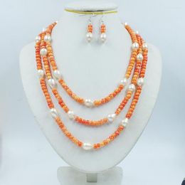 Necklace Earrings Set 3 Beat 6MM Natural Orange Coral/baroque Pearl. Classic Ladies Party Necklace/earrings. Jewellery