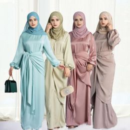 Ethnic Clothing Latest Islamic Fashion Girls Satin Wrap Skirt Set Muslim Dresses Women Closed Abaya