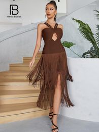 Casual Dresses PB Sexy Outfits For Women Tassels Design Key Hole Coffee Bandage Long Maxi Elegant Cocktail Evening Party Bodycon Dress