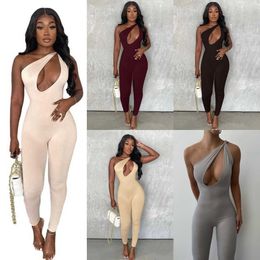 Women Designer Jumpsuits Sexy One Shoulder Sleeveless Rompers Elegant Fashion Skinny Bodysuit 2023 Summer High Waiste Clubwear