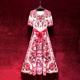 2023 Summer Red Floral Print Waist Belted Dress Short Sleeve Round Neck Midi Casual Dresses A3Q122240