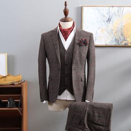 Men's Suits British Style Suit Men 3 Piece Plaid Blazer Trend Groom Wedding Tuxedo Business Formal Dress Smoking Uomo