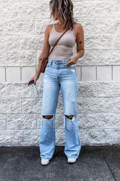 Women's Jeans Womens Ripped Long For Tall Girl Denim Pants Loose Style Fashion Street Trousers Boyfriend Vintage Flare Jean