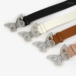 Belts Vintage Rhinestone Inlaid Butterfly Buckle PU Leather Belt Stylish Solid Color Dress For Women