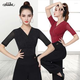 Stage Wear DOUBL V-neck Dance Shirt Tops Half Sleeve Blouse For Latin Arrival Training Summer Ballroom Clothing