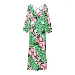 Casual Dresses 2023 Summer V-neck Long-sleeved Sexy Backless Linen Blended Printed Dress With Waist And Slim Fit Long Skirt