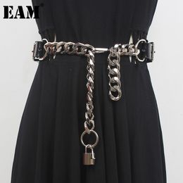 Belts EAM Pu Leather Black Thick Metal Chain Long Wide Belt Personality Women Fashion All-match Spring Autumn 1DD9566 230715