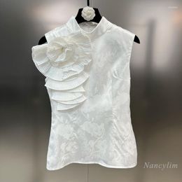 Women's Blouses 2023 Summer Stand Collar Sleeveless Three-Dimensional Big Flower Shirt Women Slimming Temperament Blusas Tops