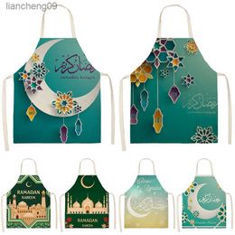 Green Star Crescent Eid Mubarak Printed Cotton Linen Home Cooking Baking Bib Muslim Ramadan Kareem Kitchen Apron For Women Decor L230620