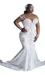 African Charming Mermaid Wedding Dresses Illusion Full Lace Appliques Crystal Beading Cap Sleeves Chapel Train Formal Bridal Gowns Plus Size