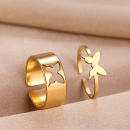 Stainless Steel Rings Vintage Delicate Butterfly Kpop Fashion Adjustable Couple Ring For Women Jewellery Wedding Gifts 2Pcs/set