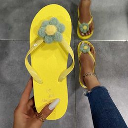 Slippers 2021 New Summer Woman Clip Toe Comfortable Slippers Solid Flat Flower Decoration Non Slip Flip Flops Casual Beach Female Shoes L230717