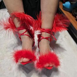 Sandals Bright Red Feather Ladies Open Pointed Toe Lace Up Stiletto Heel Gladiator Bandage Plumage Party Shoes