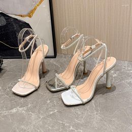 Dress Shoes High Heels Sandals Women Open Toe Square Roman Street Style Sexy Crystal One-word Buckle Strap Silver Women's