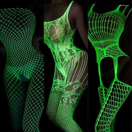 Women Socks Multi-style Glow In The Dark Open Crotch Mesh Tights Hollow Out Net Clothing Sexy Lingerie Full Body Luminous Stockings