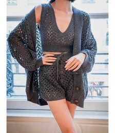 Women's Tracksuits Hollow Out Women Knit Sequin Two Pieces Set Drawstring Elastic Waist Shorts And Single Breasted V-neck Sweater Cardigan