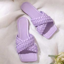 Slippers Women 2021 Summer Sandals Slippers Outdoor Casual Female Slippers Flat Square Toe Weave Ladies Shoes Plus Size New Fashion L230717