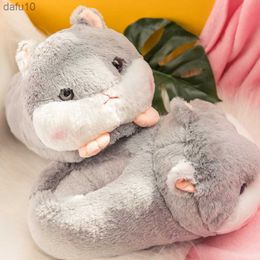 Cute Cartoon Hamster Design House Women Fur Slippers Grey Pink Brown Winter Warm Ladies Plush Shoes Onesize Fluffy Girls Slides L230704