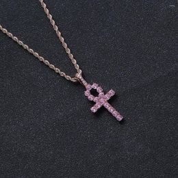Pendant Necklaces Pink Zircon Style Anka Cross Bling Necklace CZ Brass Pendants Men Hip Hop Jewellery CN219