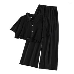 Women's Two Piece Pants Sets Women Short Sleeve Shirts Retro Solid Wide Leg High Waist Female All-match Simple Fashion Loose Students Chic
