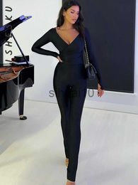 Women's Two Piece Pants Two Piece Set Women Tracksuits Sexy V Neck Criss-cross Long Sleeve Wrap Corset Top+High Waist Split Pants 2023 Spring Fall J230717