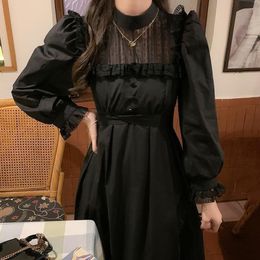 Basic Casual Dresses QWEEK Gothic Black Lace Dress Women Casual Elegant Party Midi Ruffle Long Sleeve Dress Emo Y2k Goth Clothes Spring Robes 230717