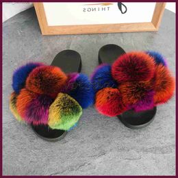 Slippers Pom Fur Slippers Women Fluffy Real Fox Slides ry Cute Raccoon Sandals Lady Flat Ball Flip Flop Rainbow Shoes H1122 Z230717