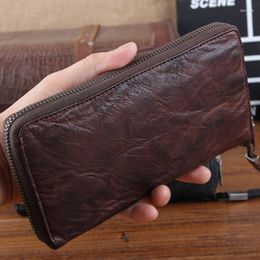 Wallets Handmade Men's Long Zipper Wallet Soft Leather Clutch Bag Vegetable Tanned Cowhide Old Retro
