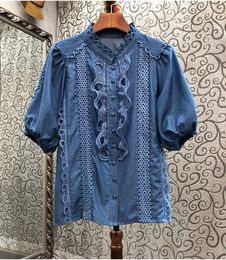 Women's Blouses Tops Fashion Designer 2023 Summer Denim High Quality Cotton Ladies Hollow Out Embroidery Short Sleeve Blue Blouse