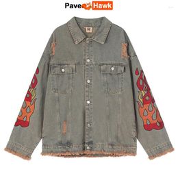 Men's Jackets Vintage Denim Men Wash Fringed Jacket Unisex Flame Embroidery Harajuku Y2K Coat Jeans Outwear Spring Autumn Streetwear