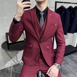 Men's Suits The High-quality (suit Vest Trousers) Fashion And Handsome Korean Version Slim Woollen Three-piece Solid Colour Wedding