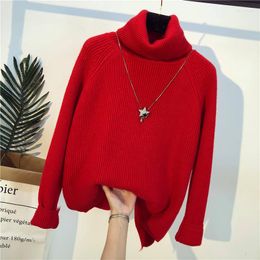 Women's Sweaters Red Knitted Pullover Women 2023 Korean Warm Turtleneck Long Sleeve Casual Loose Female Knitwear Jumper Autumn Winter