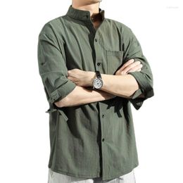 Men's Casual Shirts Linen Shirt Man 2023 Summer Chinese Style Stand Collar Loose Large Size Thin Seven Minute Short Sleeve M-5XL