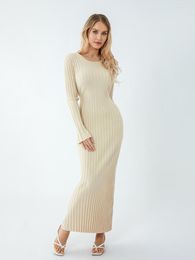 Women's Swimwear Women S Ribbed Knit Long Sleeve Maxi Dress With Ruched Pleated Detail And Round Neckline - Y2K Bodycon Sweater Midi